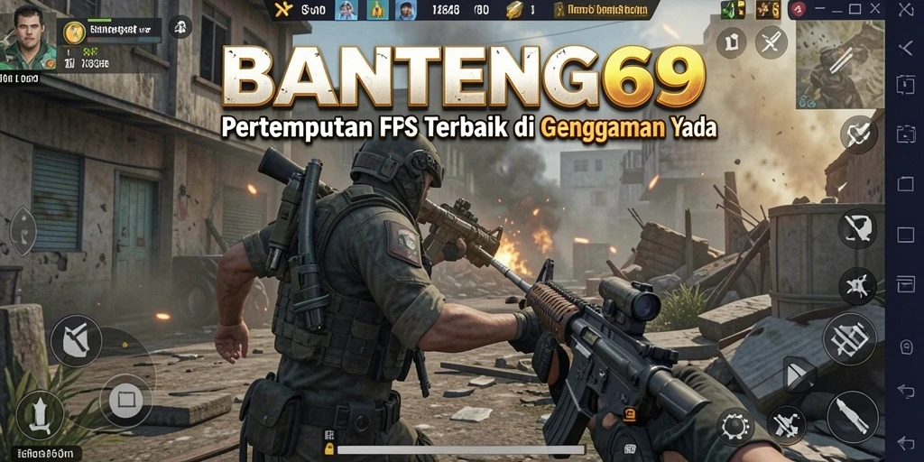 Tangkapan layar BANTENG69 menampilkan aksi tembak-menembak di medan perang intens.