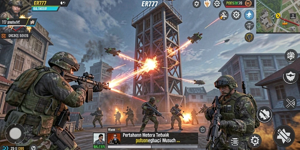 Screenshot permainan ER777 menunjukkan aksi menara mempertahankan basis dari gelombang musuh.