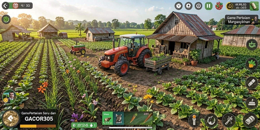 Screenshot gameplay GACOR305 menunjukkan aktivitas bertani yang seru.