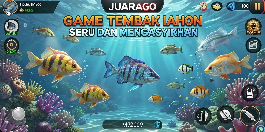 Tampilkan gameplay seru JUARAGO yang penuh warna ikan.
