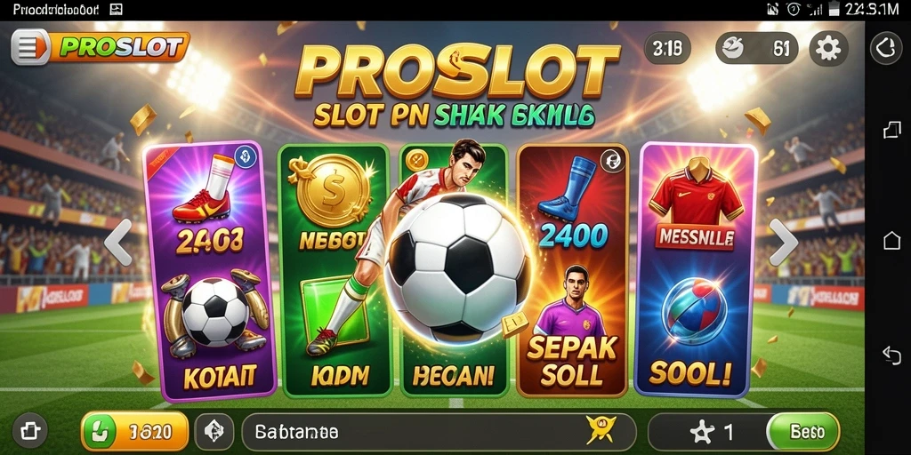 Screenshot gameplay PROSLOT yang memukau dengan tema sepak bola.