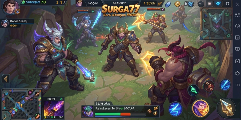 Tampilan aksi seru dalam arena MOBA SURGA77.