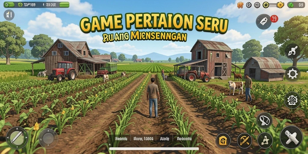 Tampilan gameplay <strong>TOPI189</strong> dengan pertanian dan interaksi sosial.