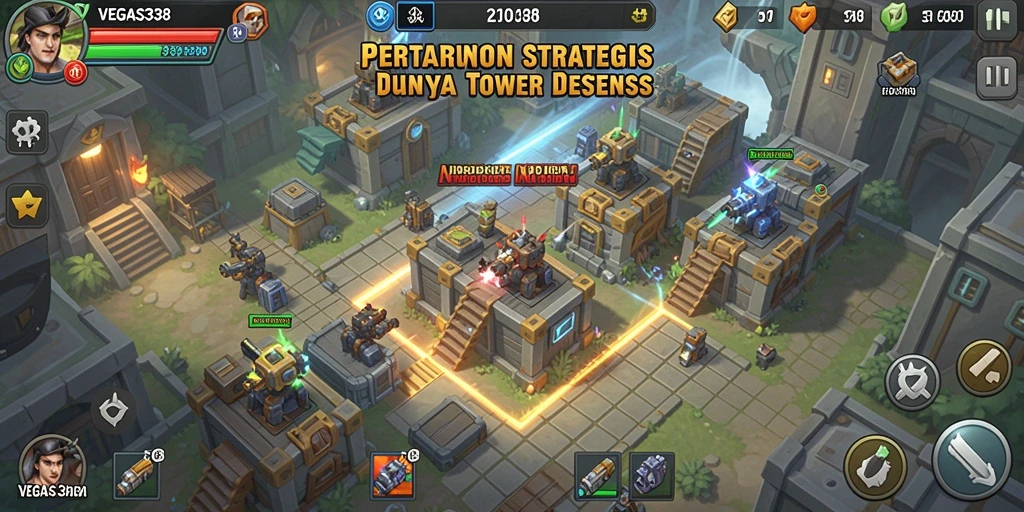 Screenshot utama menunjukkan aksi intens dari permainan Tower Defense VEGAS338.